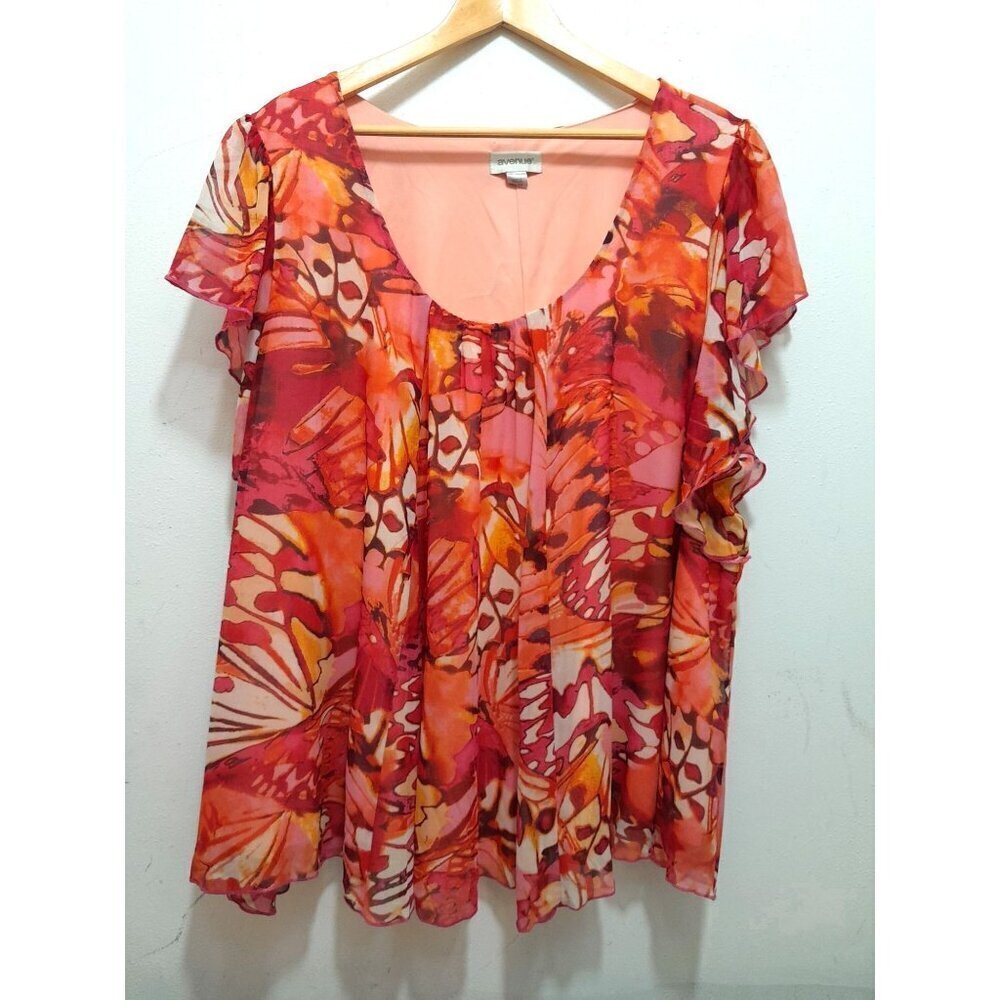 Avenue Womens 22/24 Abstract 70s Flutter Sleeve Relax Casual Beach Party Top